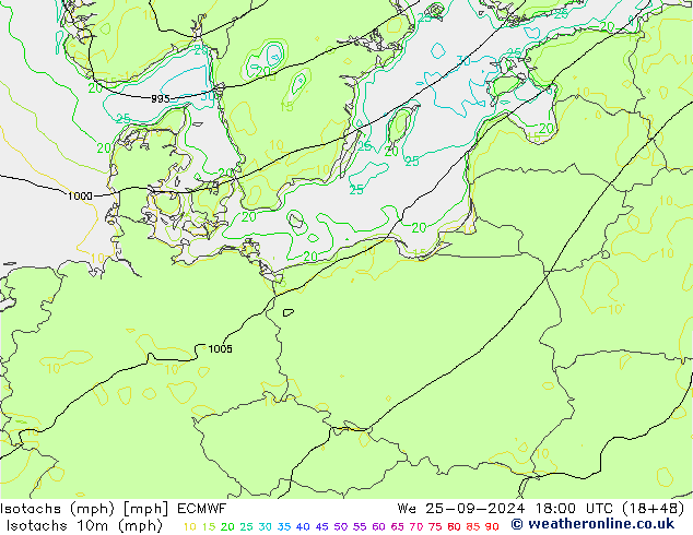 Isotachs (mph) ECMWF St 25.09.2024 18 UTC