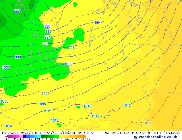 Thck 850-1000 hPa ECMWF St 25.09.2024 06 UTC