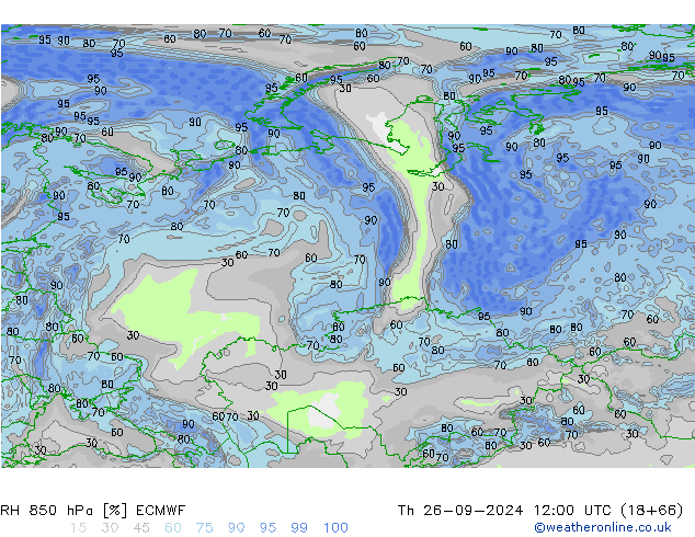 RH 850 hPa ECMWF czw. 26.09.2024 12 UTC