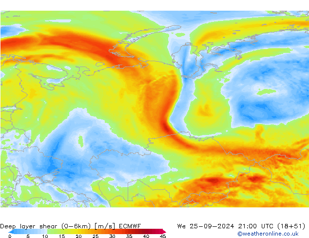 Deep layer shear (0-6km) ECMWF We 25.09.2024 21 UTC