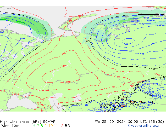 High wind areas ECMWF mié 25.09.2024 09 UTC