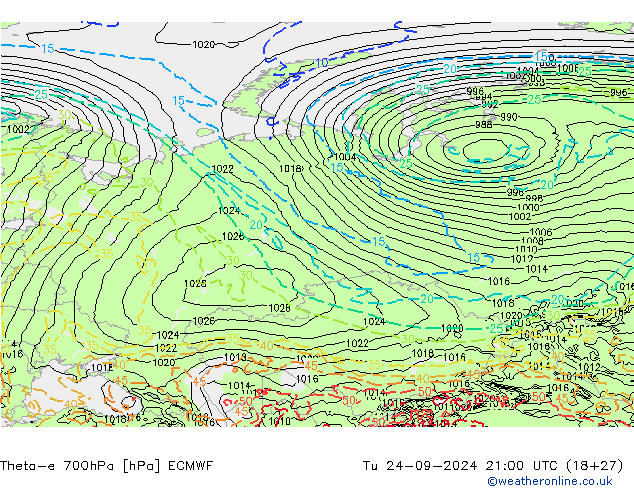 Theta-e 700hPa ECMWF Tu 24.09.2024 21 UTC