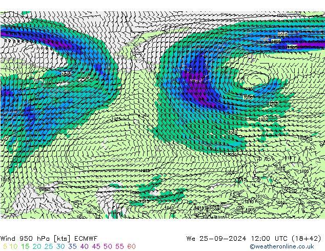 Wind 950 hPa ECMWF We 25.09.2024 12 UTC