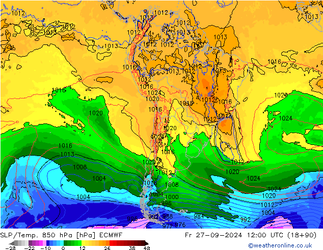 SLP/Temp. 850 hPa ECMWF ven 27.09.2024 12 UTC