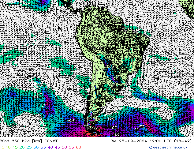 Vent 850 hPa ECMWF mer 25.09.2024 12 UTC