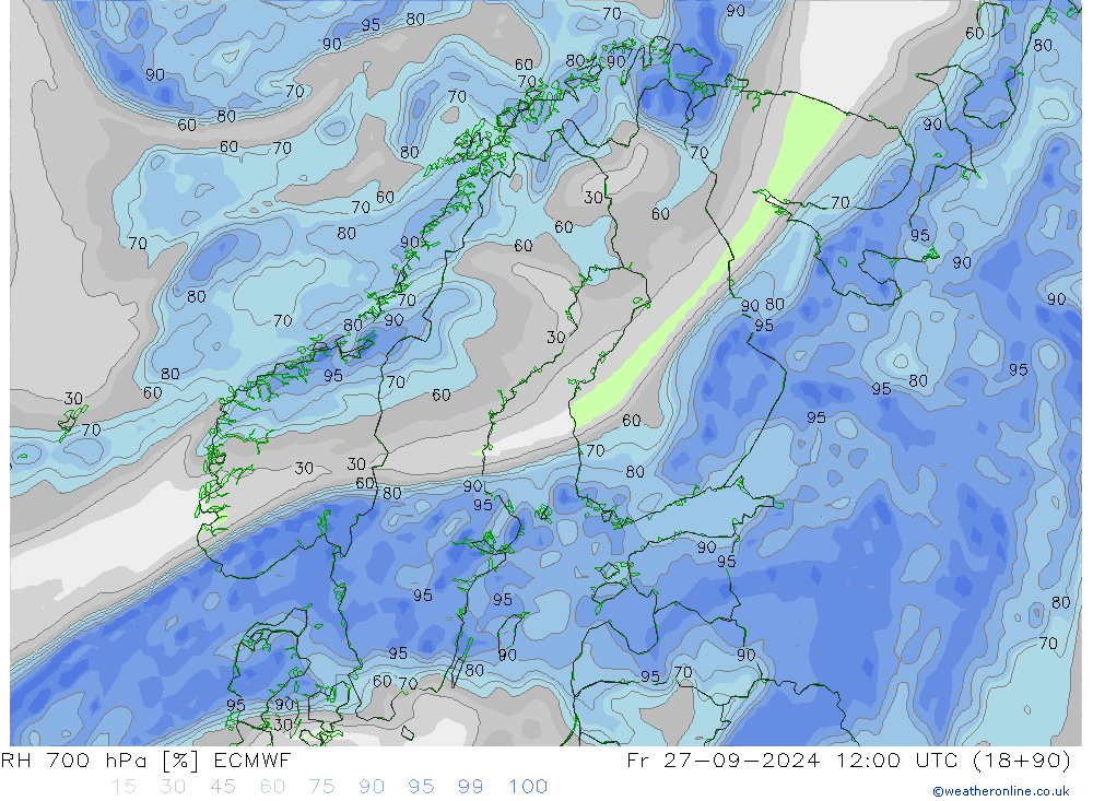 RH 700 hPa ECMWF Fr 27.09.2024 12 UTC