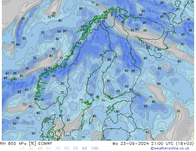 RH 850 hPa ECMWF Mo 23.09.2024 21 UTC