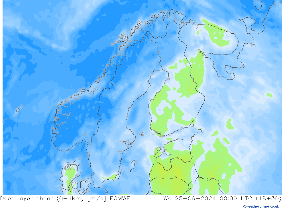 Deep layer shear (0-1km) ECMWF We 25.09.2024 00 UTC