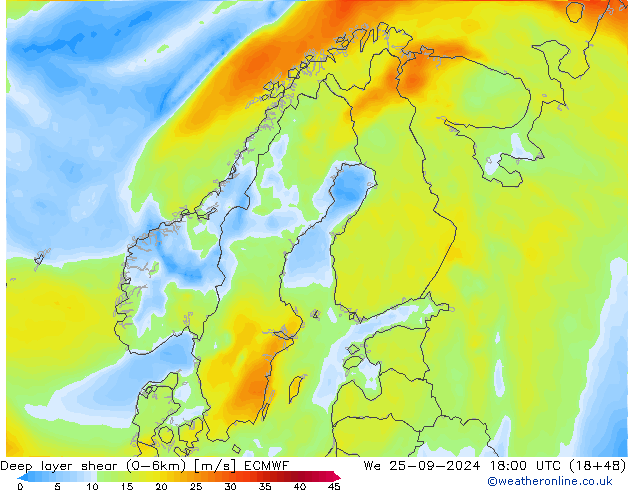 Deep layer shear (0-6km) ECMWF mer 25.09.2024 18 UTC