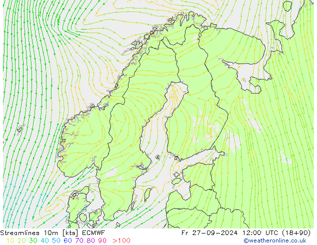 Streamlines 10m ECMWF Fr 27.09.2024 12 UTC