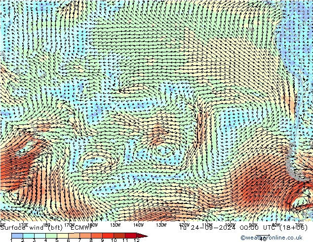 Vento 10 m (bft) ECMWF Ter 24.09.2024 00 UTC