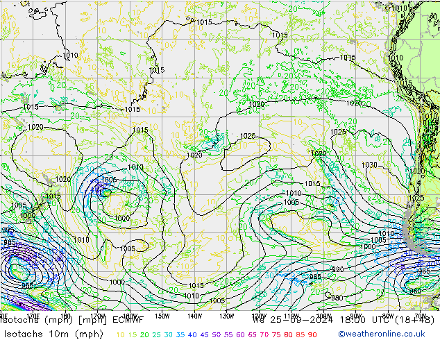 Isotaca (mph) ECMWF mié 25.09.2024 18 UTC