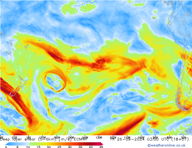 Deep layer shear (0-6km) ECMWF Th 26.09.2024 03 UTC