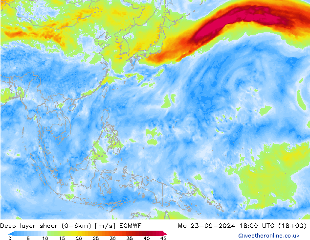 Deep layer shear (0-6km) ECMWF Mo 23.09.2024 18 UTC