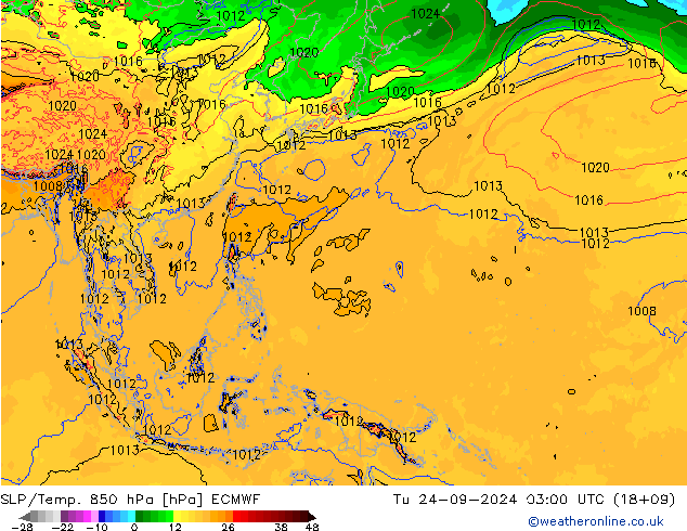 SLP/Temp. 850 hPa ECMWF Tu 24.09.2024 03 UTC