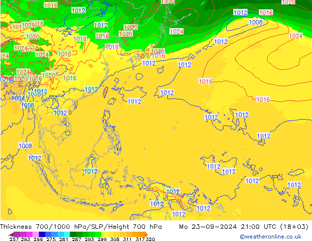 Thck 700-1000 hPa ECMWF Po 23.09.2024 21 UTC