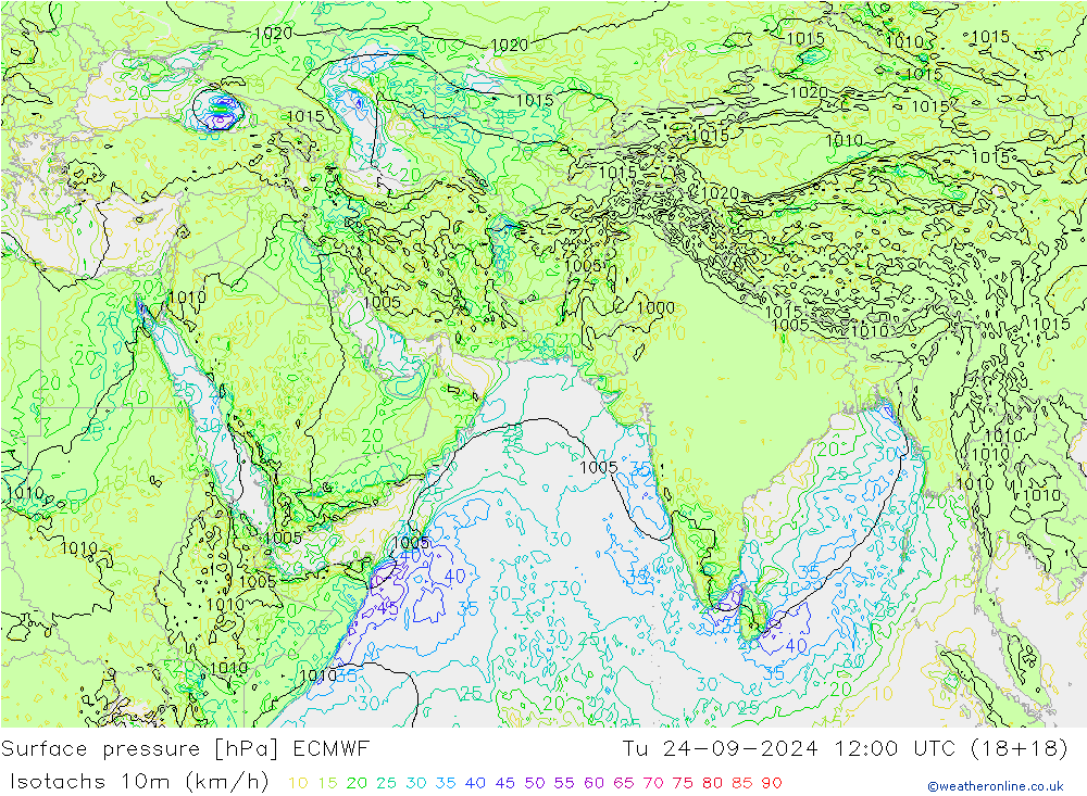 Isotachs (kph) ECMWF Tu 24.09.2024 12 UTC