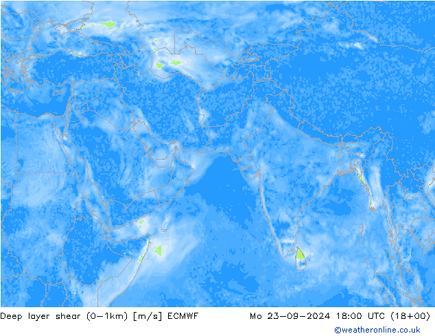 Deep layer shear (0-1km) ECMWF  23.09.2024 18 UTC