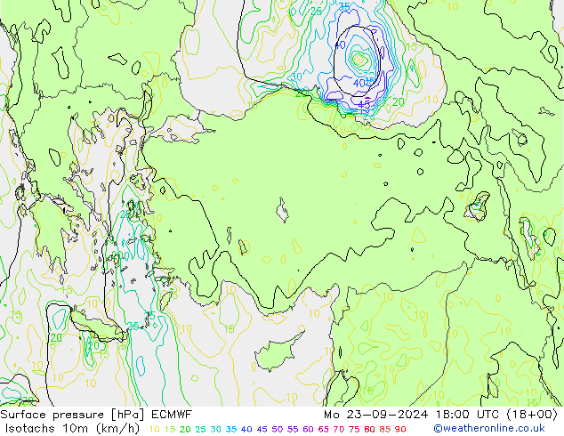 Isotachs (kph) ECMWF Po 23.09.2024 18 UTC