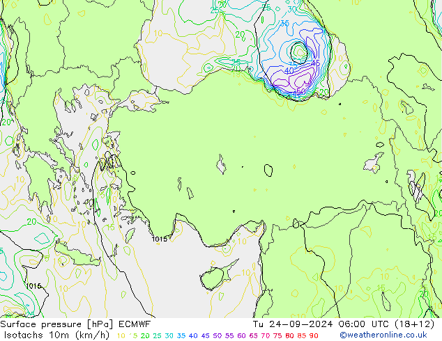 Isotachs (kph) ECMWF Tu 24.09.2024 06 UTC