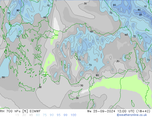 RH 700 hPa ECMWF  25.09.2024 12 UTC