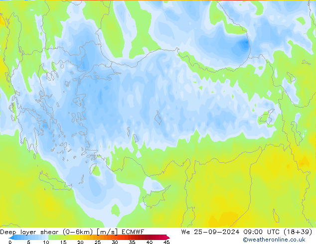 Deep layer shear (0-6km) ECMWF mer 25.09.2024 09 UTC