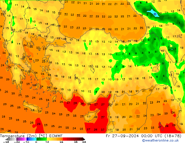 Temperatura (2m) ECMWF vie 27.09.2024 00 UTC