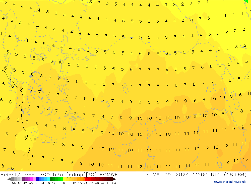 Height/Temp. 700 hPa ECMWF Th 26.09.2024 12 UTC