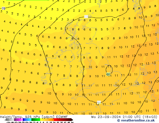 Height/Temp. 925 hPa ECMWF Mo 23.09.2024 21 UTC