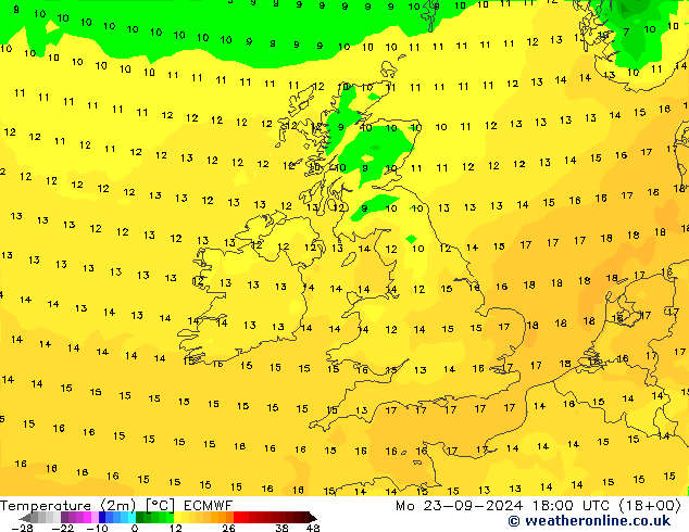 Temperature (2m) ECMWF Mo 23.09.2024 18 UTC