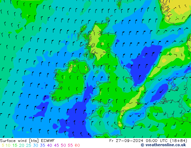 wiatr 10 m ECMWF pt. 27.09.2024 06 UTC