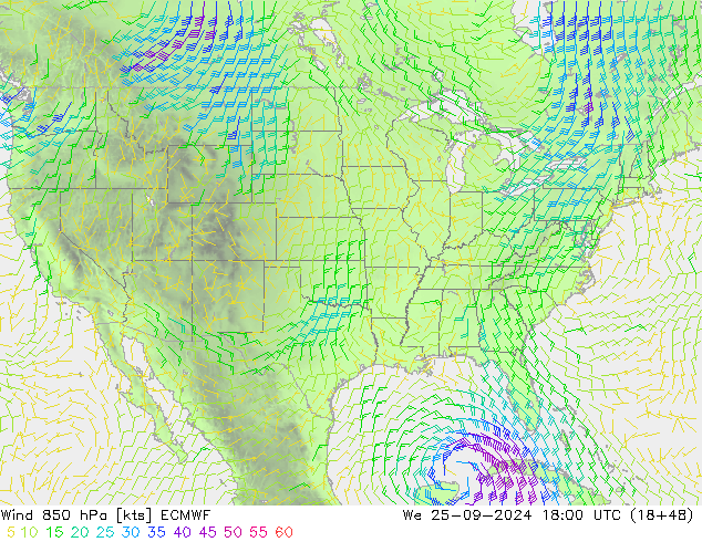 ветер 850 гПа ECMWF ср 25.09.2024 18 UTC