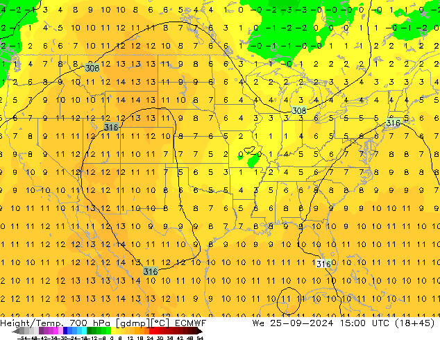 Height/Temp. 700 hPa ECMWF Qua 25.09.2024 15 UTC