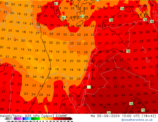 Height/Temp. 925 hPa ECMWF St 25.09.2024 12 UTC