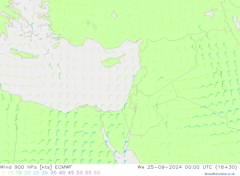 Wind 900 hPa ECMWF We 25.09.2024 00 UTC