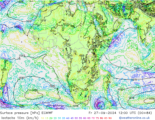 Isotachs (kph) ECMWF ven 27.09.2024 12 UTC