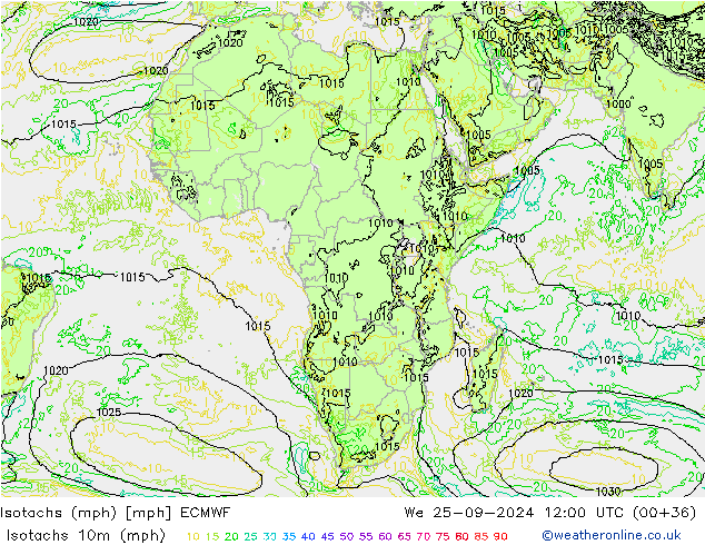 Eşrüzgar Hızları mph ECMWF Çar 25.09.2024 12 UTC