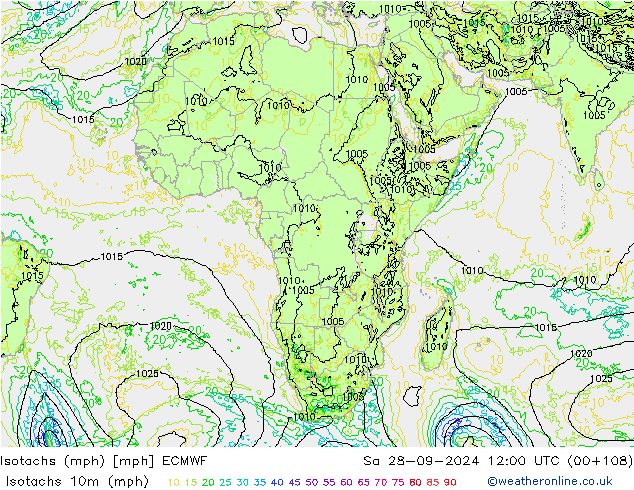 Izotacha (mph) ECMWF so. 28.09.2024 12 UTC