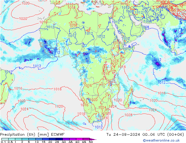 Precipitation (6h) ECMWF Tu 24.09.2024 06 UTC