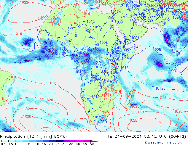 Precipitation (12h) ECMWF Tu 24.09.2024 12 UTC