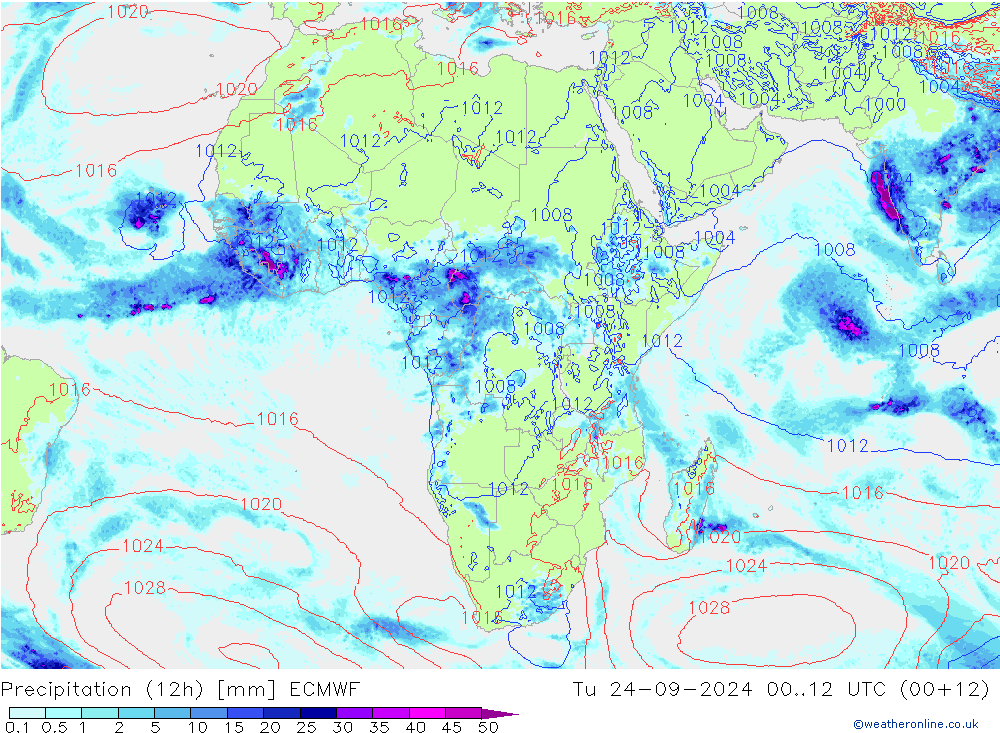 Precipitation (12h) ECMWF Út 24.09.2024 12 UTC