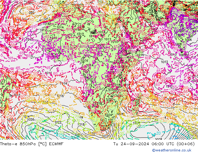 Theta-e 850hPa ECMWF Tu 24.09.2024 06 UTC