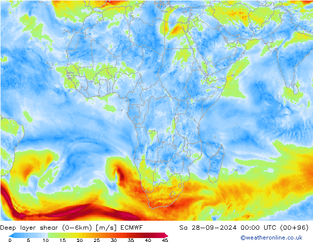 Deep layer shear (0-6km) ECMWF za 28.09.2024 00 UTC