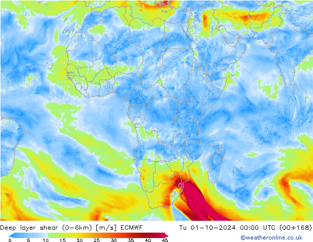 Deep layer shear (0-6km) ECMWF  01.10.2024 00 UTC