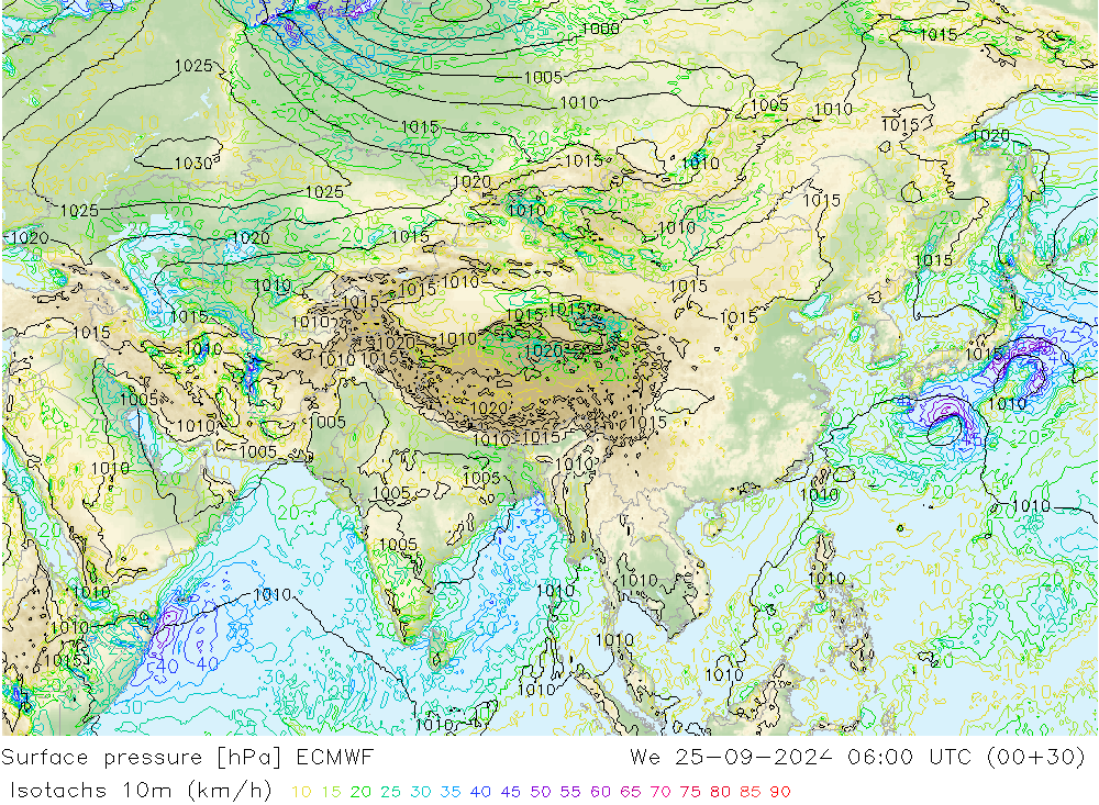 Isotachs (kph) ECMWF mer 25.09.2024 06 UTC