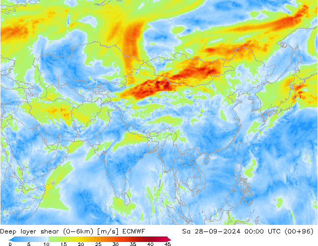 Deep layer shear (0-6km) ECMWF so. 28.09.2024 00 UTC