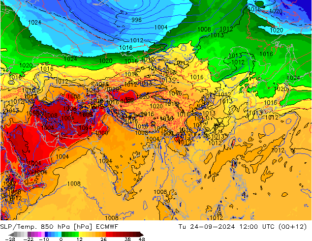 SLP/Temp. 850 hPa ECMWF di 24.09.2024 12 UTC