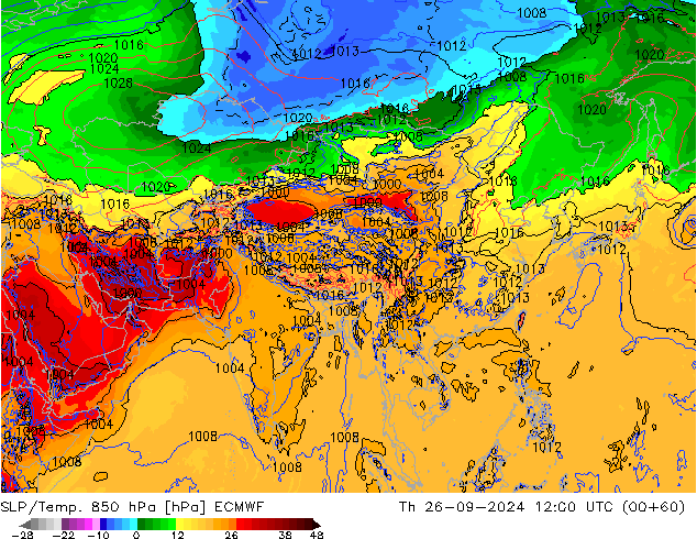 SLP/Temp. 850 hPa ECMWF Čt 26.09.2024 12 UTC