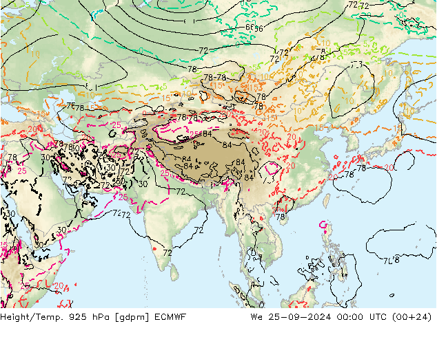 Geop./Temp. 925 hPa ECMWF mié 25.09.2024 00 UTC