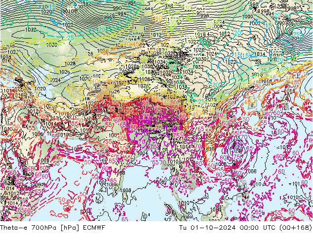 Theta-e 700hPa ECMWF Sa 01.10.2024 00 UTC